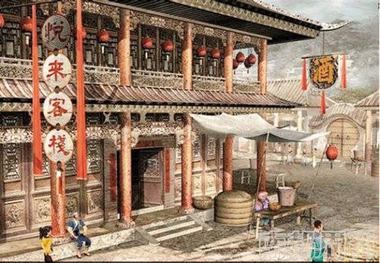 悦来客栈是中国武侠史上最早的连锁经营式旅店，分店遍布天下，有人的地方就有江湖，有江湖的地方就有悦来客栈。下图为游戏中的“悦来客栈”。
