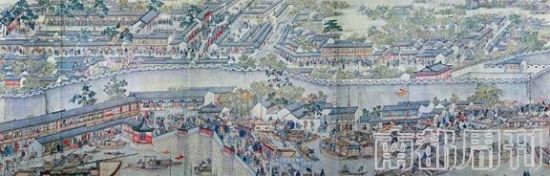 清代苏州籍宫廷画家徐扬绘制的《姑苏繁华图》（局部），图中的苏州码头，停靠着无数运粮的漕船。